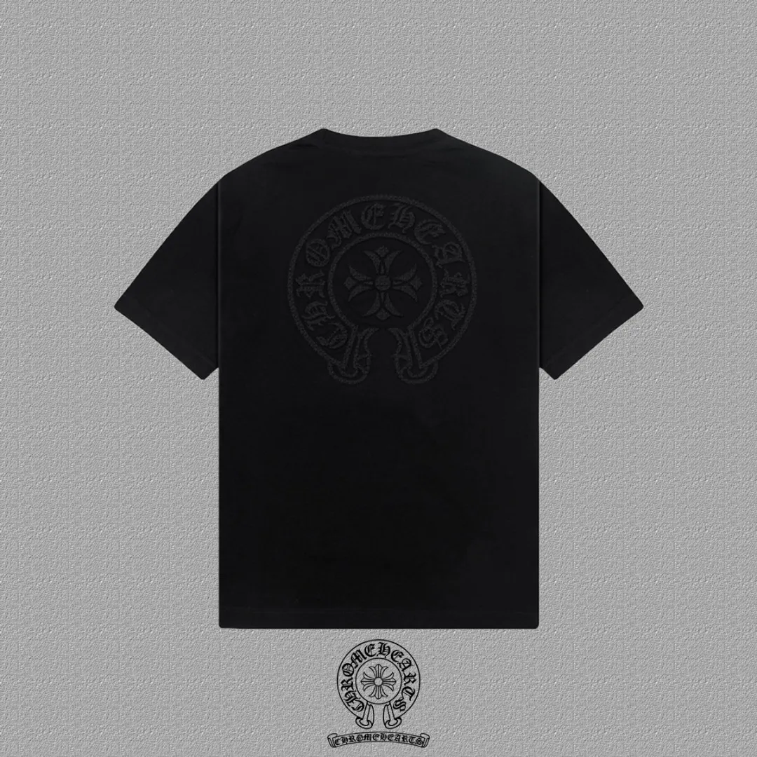🅿️200 [CH Crow Heart] 2025FW short-sleeved T-shirt, hollow embroidery with arch bridge embroidery, high-end 26s double yarn 300g fabric, heavy fabric, custom stretcher rib, same vat and dye, complete three standards, same style for men and women, color: black, white, size: S M L XL 2XL